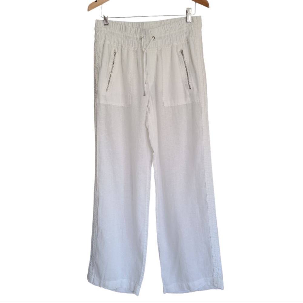 Athleta Cabo 100% Linen Wide Leg Pant White Activewear Elastic Tie Waist Size 8 - Picture 3 of 17